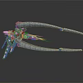 Futuristic Cosmic Spaceship with Long Curved Appendages Blue Glowing Elements and Yellow Accents