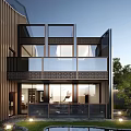 Modern Townhouse With Unique Roof Design And Metal Strip Facade Surrounded By Greenery And Fence