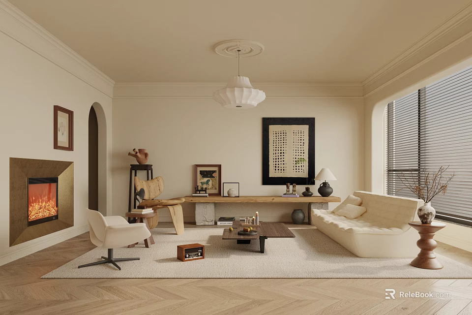 Modern Living Room Interior With Neutral Tones Sofa Fireplace Area Rug And Decorative Art 3d model 