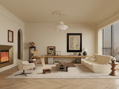 Modern Living Room Interior With Neutral Tones Sofa Fireplace Area Rug And Decorative Art 3d model