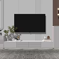 Modern White TV Stand With Drawers Decorative Plants Minimalist Background Wall And Hanging Pendant Lights
