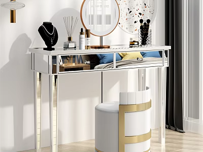 Modern Vanity Table With Round Mirror Gold Accent White Stool And Decorative Items 3d model
