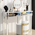 Modern Vanity Table With Round Mirror Gold Accent White Stool And Decorative Items 3d model