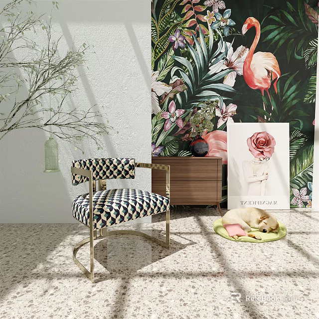 Leisure Chair With Black And White Checkered Upholstery And Gold Frame In Tropical Floral Wallpaper 3d model 