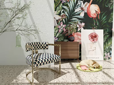 Leisure Chair With Black And White Checkered Upholstery And Gold Frame In Tropical Floral Wallpaper 3d model