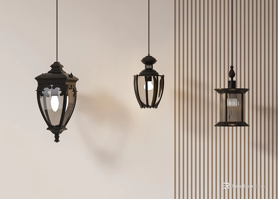Vintage Pendant Lights In Interior Decor With Metal Frames Glass Shades And Beige Striped Walls 3d model 