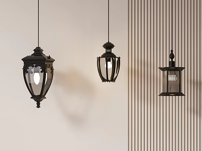 Vintage Pendant Lights In Interior Decor With Metal Frames Glass Shades And Beige Striped Walls 3d model