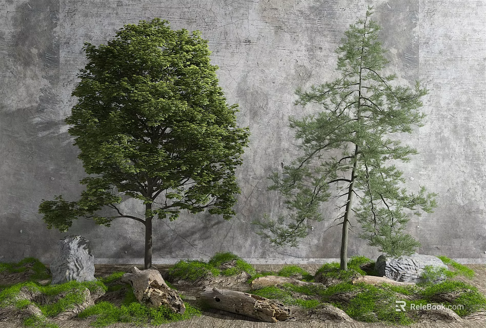 Two Tall Trees Against Gray Wall With Green Grass Stones And Wood Logs 3d model 
