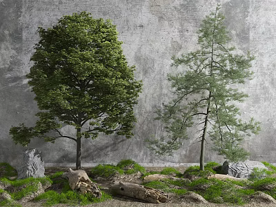 Two Tall Trees Against Gray Wall With Green Grass Stones And Wood Logs 3d model