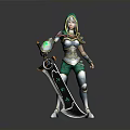 Woman In Green Armor With Glowing Sword And Hood Standing Pose