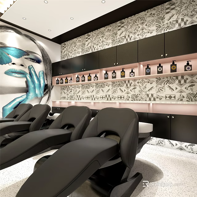 Modern Beauty Hair Salon Interior With Black Chairs Wall Art Patterned Design And Haircare Bottles 3d model 