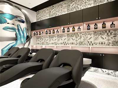 Modern Beauty Hair Salon Interior With Black Chairs Wall Art Patterned Design And Haircare Bottles 3d model