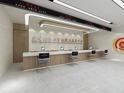 Modern Clean Spacious Service Hall Interior With Counter Computers And Chairs 3d model