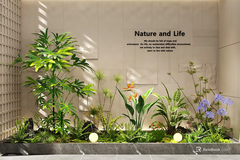 Indoor Landscape Featuring Nature and Life Theme With Various Green Plants and Decorative Wall Design 3d model 