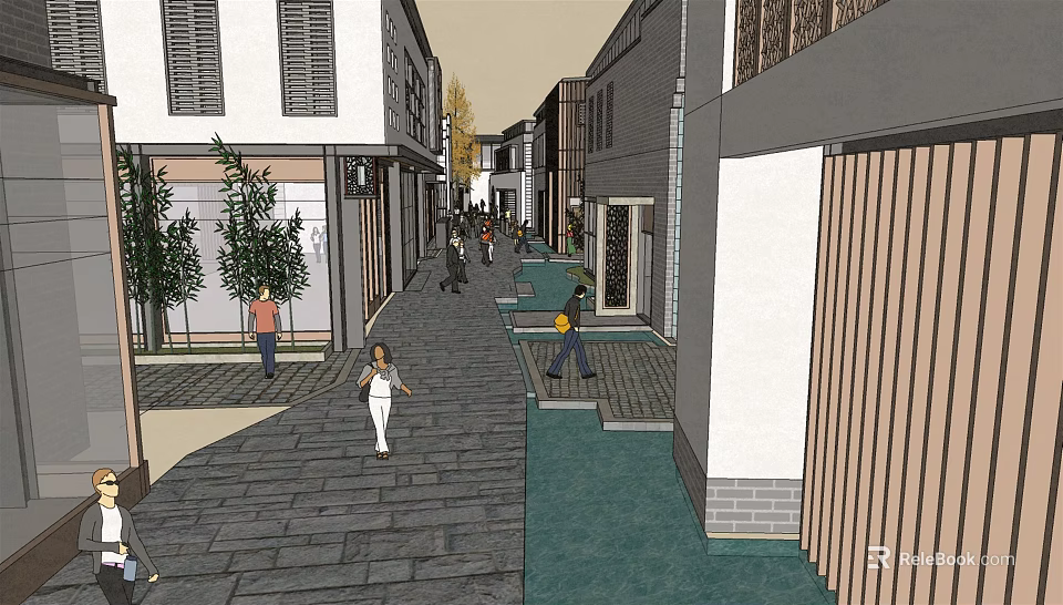 Commercial Street With People Walking Shops Stone Pavement And Green Plants 3d model 
