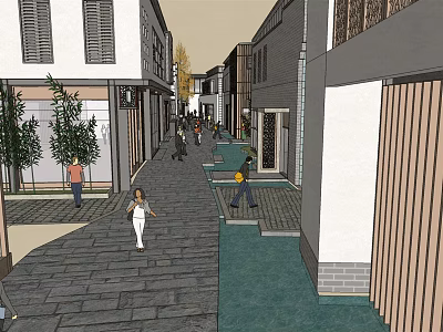 Commercial Street With People Walking Shops Stone Pavement And Green Plants 3d model