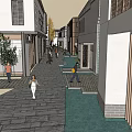 Commercial Street With People Walking Shops Stone Pavement And Green Plants