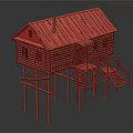 Stilted Log Cabin With Gray Wooden Shingle Roof Windows And Blue Door And Wooden Staircase