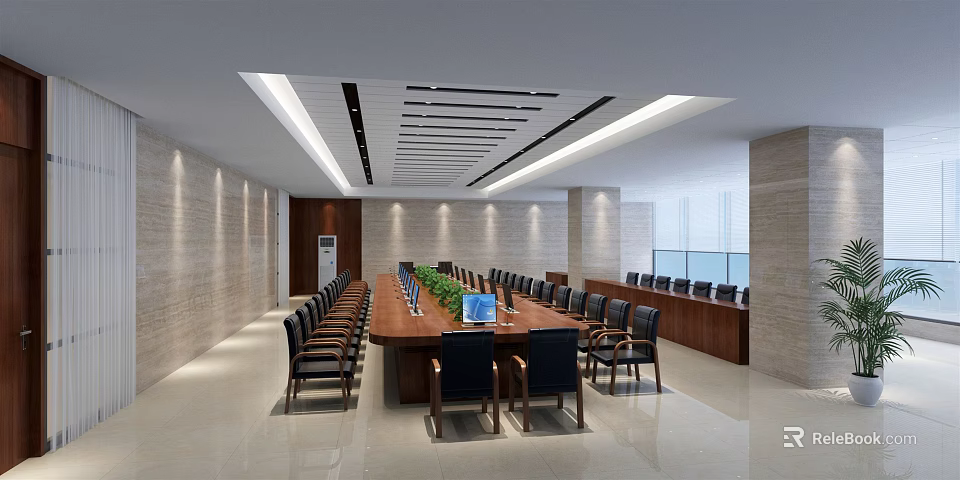 Spacious Modern Conference Room With Long Table Black Chairs Green Plant And Linear Ceiling Lighting 3d model 