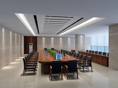 Spacious Modern Conference Room With Long Table Black Chairs Green Plant And Linear Ceiling Lighting 3d model