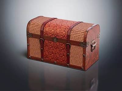 Vintage Wooden Trunk With Leather Straps And Intricate Pattern Design 3d model