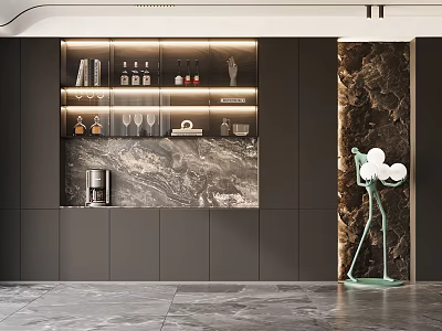 Modern Luxury Wine Cabinet Interior With Marble Backdrop Wine Bottles And Glassware 3d model