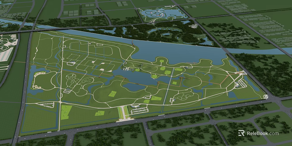 Waterfront Landscape Planning Design With Green Spaces Water Bodies And Pedestrian Paths 3d model 