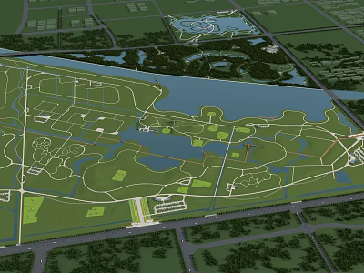Waterfront Landscape Planning Design With Green Spaces Water Bodies And Pedestrian Paths 3d model