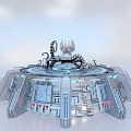 Smart Robot Featuring Sphere Head Mechanical Arms On Circular Metallic Platform With Buttons And Lights
