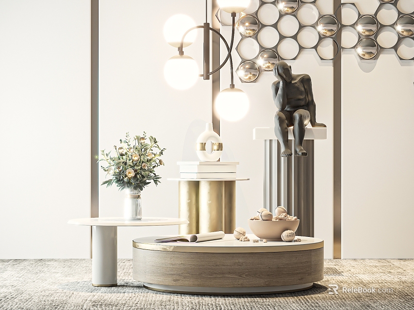 Elegant Modern Living Room Round Wooden Coffee Table With Vase Flowers And Decorative Items 3d model 