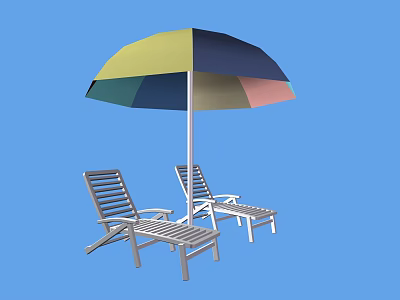 Slatted Metal Lounge Chairs With Colorful Umbrella On Blue Backdrop 3d model