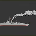 Vintage Battleship As Water Transport With Smoke Emitting Turrets And Red Bottom Reflection