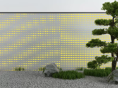 Courtyard Garden Design With Yellow Dotted Pattern Wall Pine Tree Stones Grass And Gravel 3d model