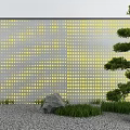 Courtyard Garden Design With Yellow Dotted Pattern Wall Pine Tree Stones Grass And Gravel