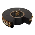 Modern Round Fireplace with Burning Logs and Integrated Wood Storage Compartments
