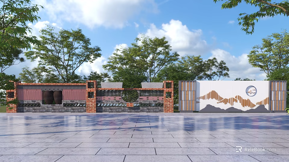 Outdoor Courtyard Design With Brick Wall White Surface Wave Pattern Trees Stone Paved Ground 3d model