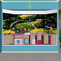 Tobacco And Alcohol Store Display Cabinet With Colorful Bottles And Scenic Village Background