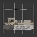 Outdoor Display Booth With White Frame Blue Striped Canopy Shelves And Decorative Items