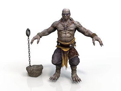 Muscular Bald Man In Leather Outfit With Yellow Belt And Stone Hammer Chain Standing Pose 3d model