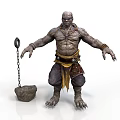 Muscular Bald Man In Leather Outfit With Yellow Belt And Stone Hammer Chain Standing Pose