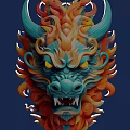 Artistic Dragon Head Sculpture Carving with Vibrant Colors Intricate Horns and Flame Details