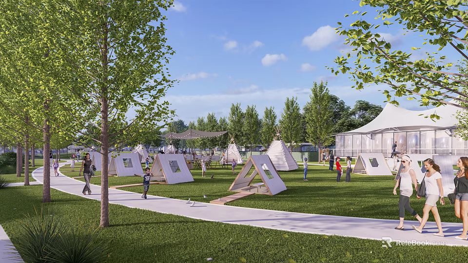 Aerial Planning of Outdoor Campsite Featuring Tents Green Lawn Trees and Walkways 3d model 