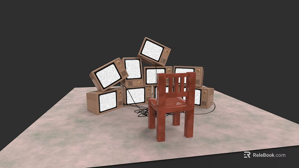 Old TVs Surrounding Wooden Chair In Electronic Appliance Display Setup 3d model 
