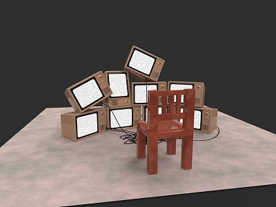 Old TVs Surrounding Wooden Chair In Electronic Appliance Display Setup 3d model