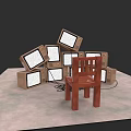 Old TVs Surrounding Wooden Chair In Electronic Appliance Display Setup