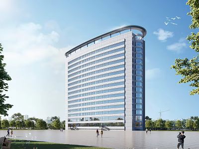 Modern High Rise Building Exterior With Glass Curtain Wall Water Feature And Green Trees 3d model