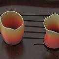 Modern Copper Tea Set With Wooden Tray Teapot And Teacups On Tabletop