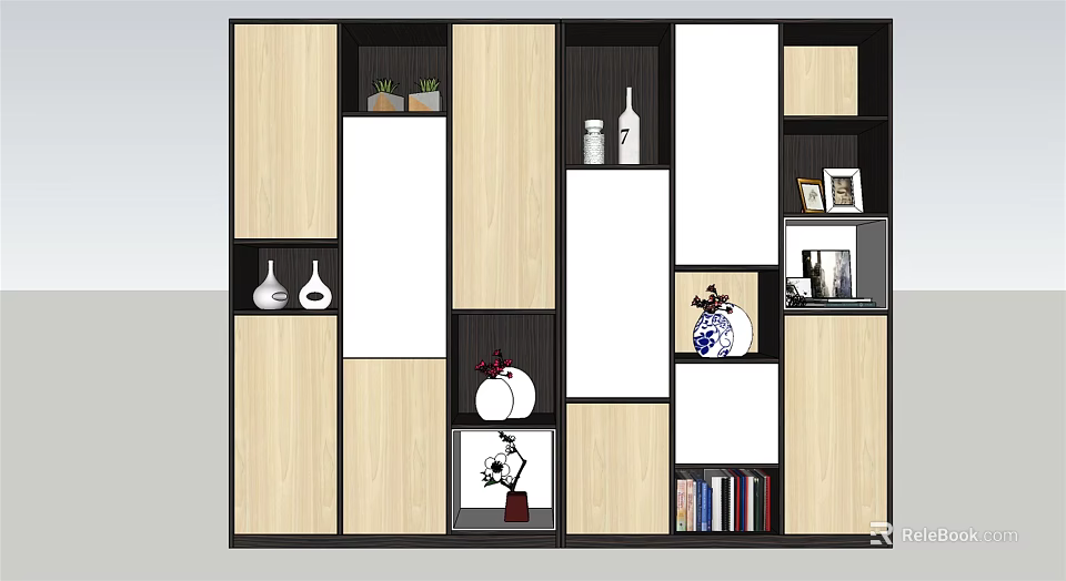 Modern Bookshelf with Wooden Shelves Displaying Books Decorative Vases Photo Frames and Ornaments 3d model 