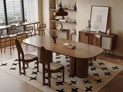 Wooden Dining Table Set With Chairs On Patterned Rug Near Window Blinds And Decorative Shelves 3d model