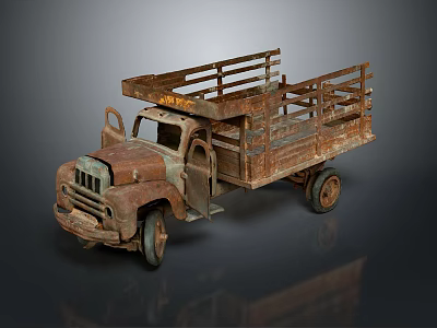 Old Rusty Truck with Open Bed and Wooden Rails on Dark Background 3d model